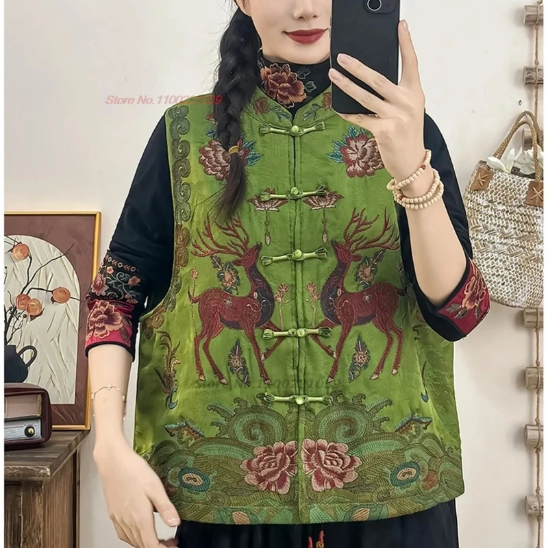 2025 الوطنية زهرة التطريز الساتان سترة جاكار الصينية التقليدية الوقوف طوق القطن مبطن سترة العرقية جاكيت بلا إكمام #4