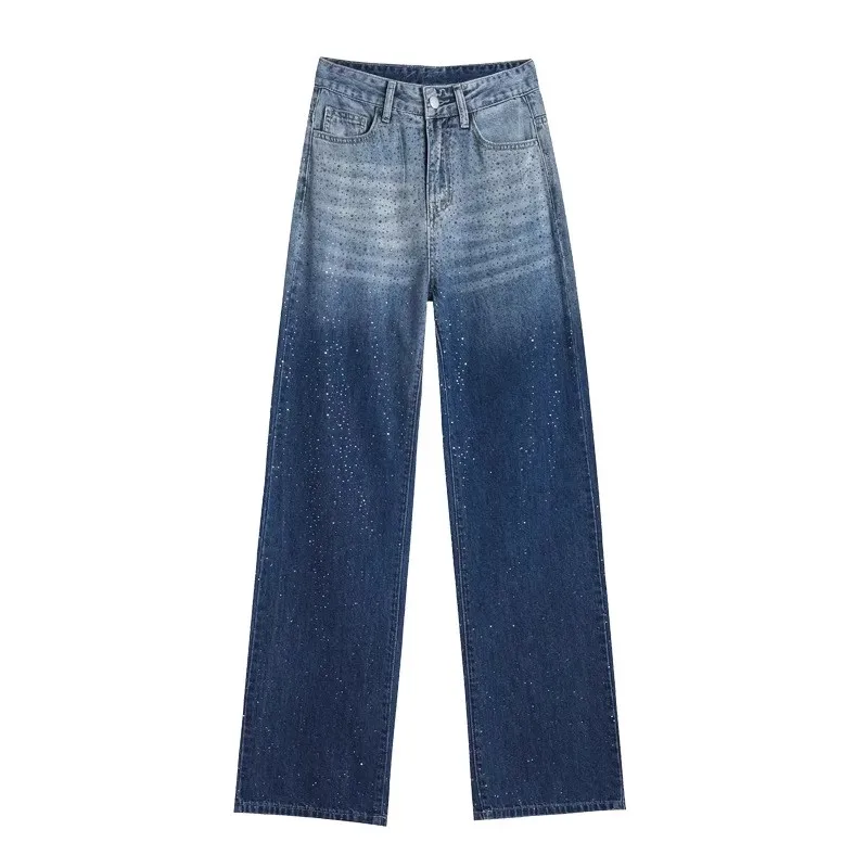 الماس الأزرق التدرج الجينز المرأة الصيف رقيقة تصميم عالية الخصر برشام ديكور بنطال ذو قصة أرجل واسعة فضفاض مستقيم أنبوب قطرة أسفل السراويل