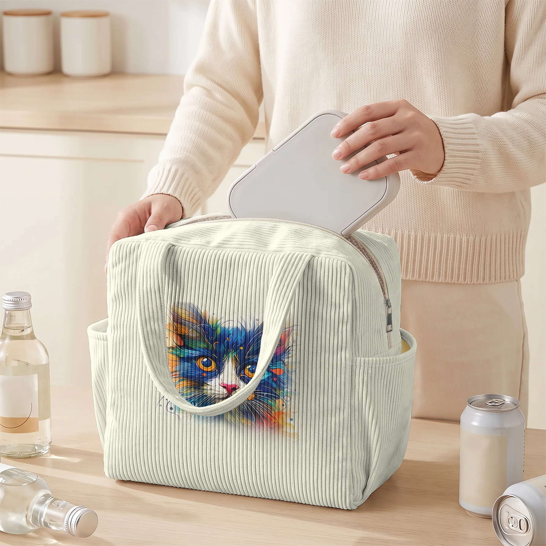 Corduroy Cream Colorful Cat Print Insulated Lunch Bag Handheld Thermal Bento Bag with Side Pocket for Work Outdoor