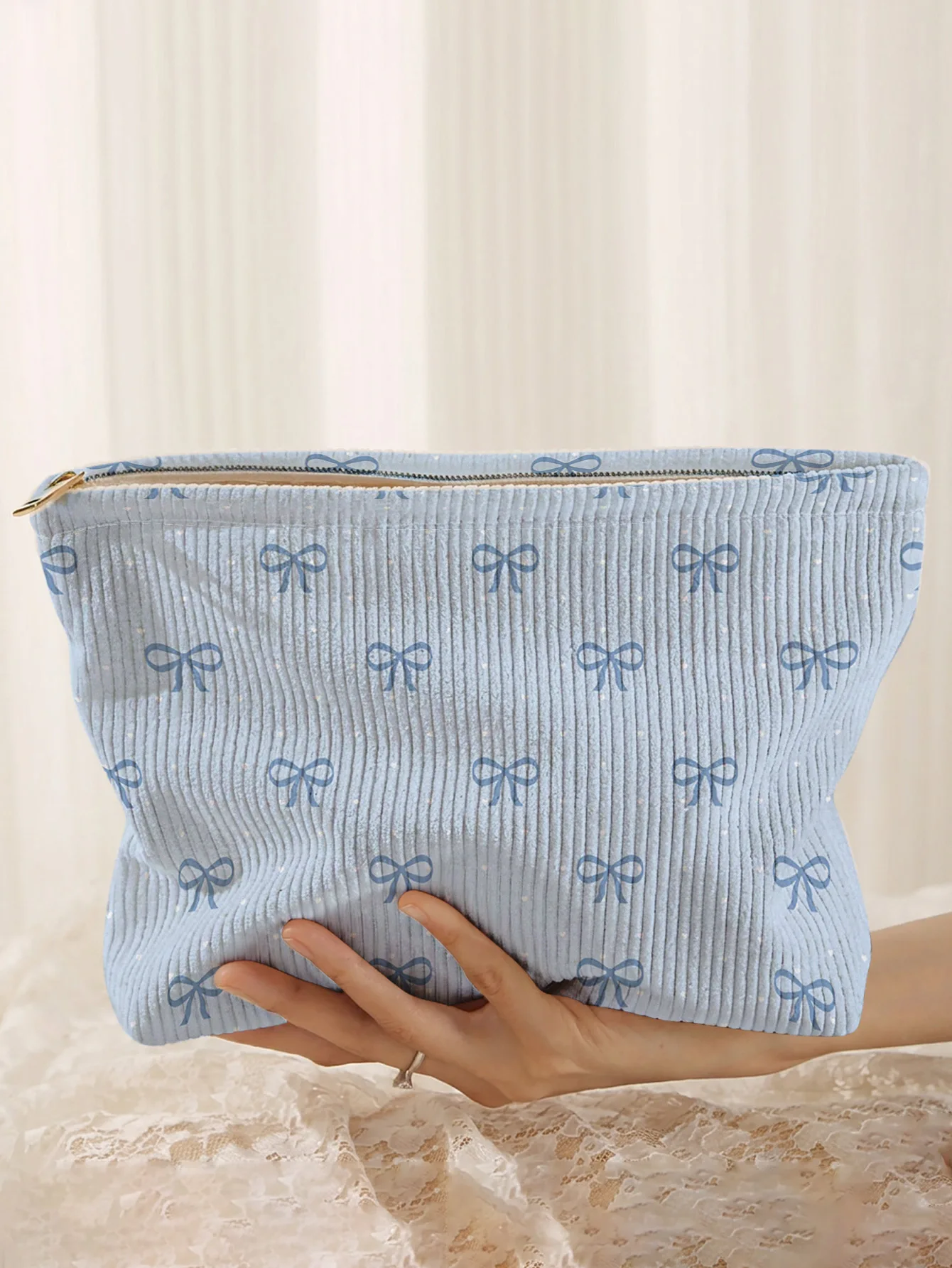 Ditsy light blue bow printed corduroy makeup bag, lightweight zipper pouch, multifunctional lined cosmetic bag