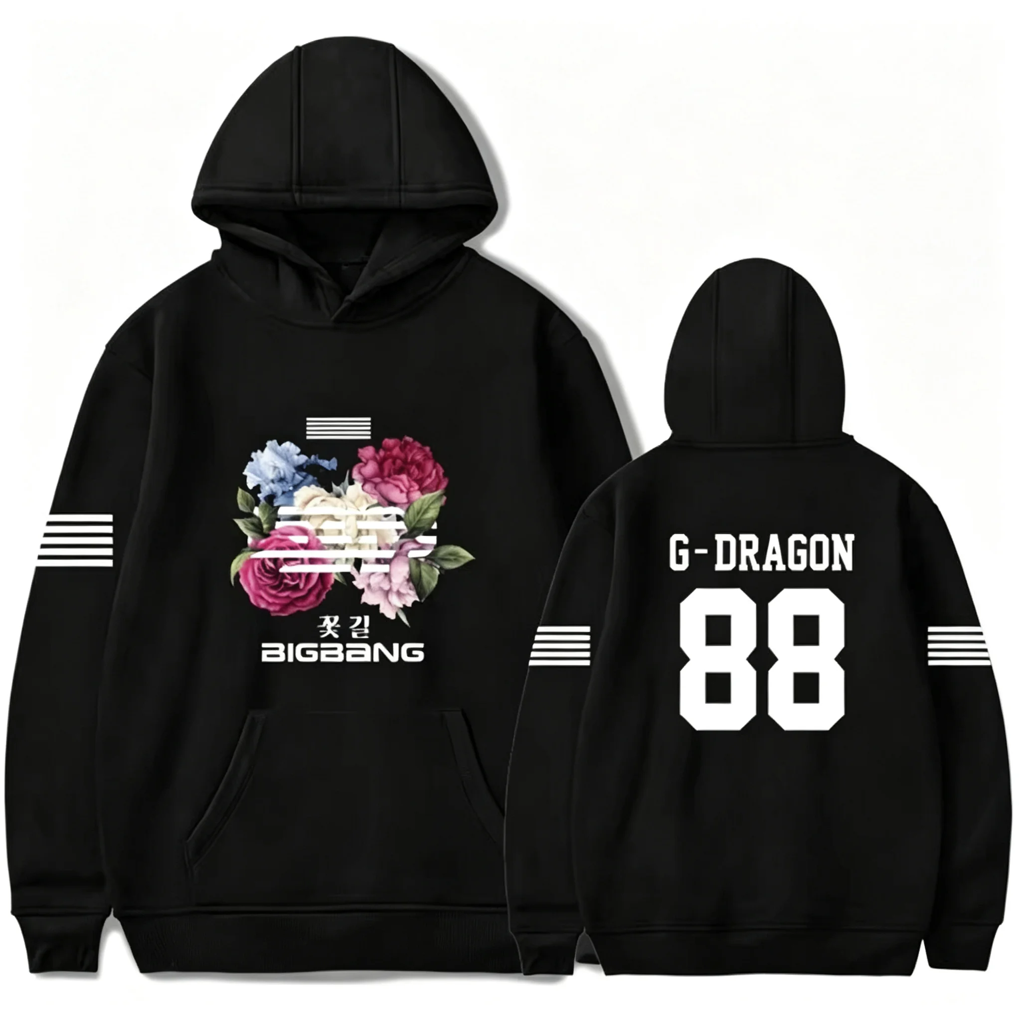 Bigbang 20th Anniversary Concert Kpop Hoodie Unisex Sweatshirt  Floral Logo Sleeve Stripes Kpop VIP Fans Streetwear Top