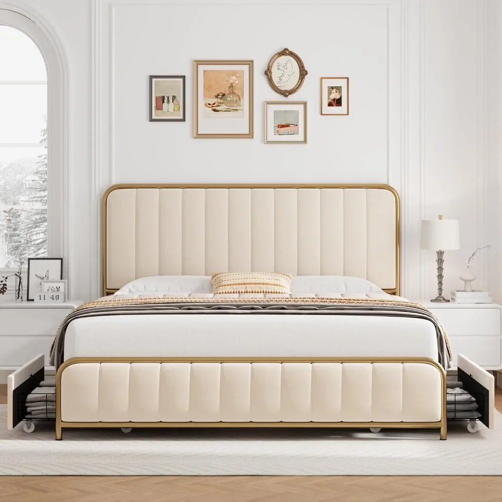 Queen Bed Frame, with 4Storage Drawers and Headboard, Heavy Duty Metal Mattress Foundation with Wooden Slats,Bedroom Beds Frames