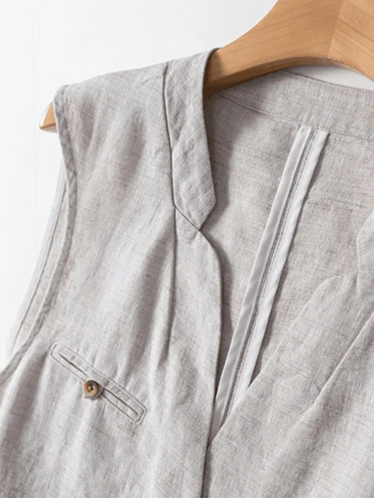 Linen V-neck  Vest Women's Style Summer Shoulder Pad Thin Fashionable Inner Wear Layered Vest Top Button Detail