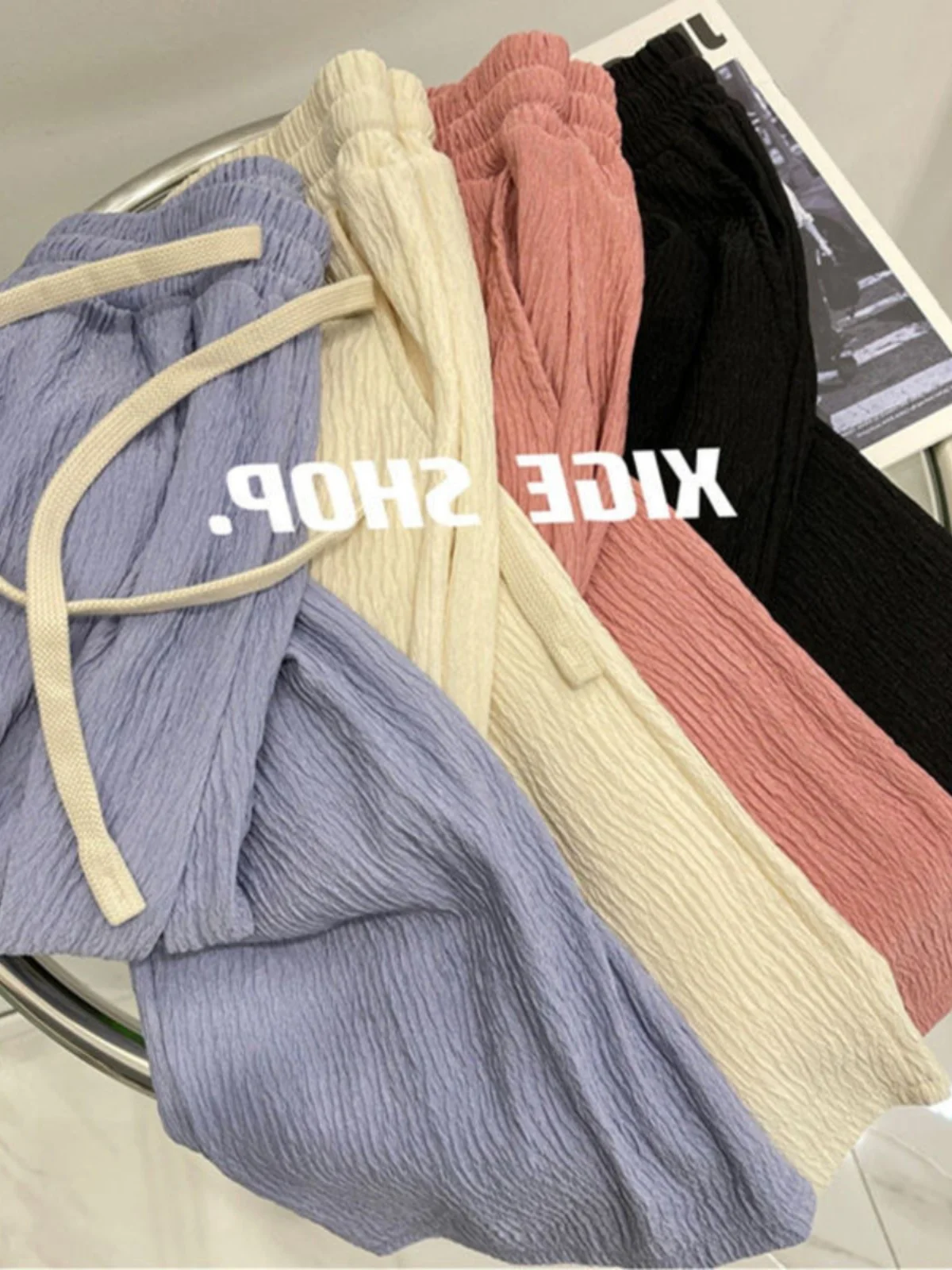 

High Waist Wide Leg Pants Women's Summer Loose Long Trousers Thin Folded Texture Casual Floor-Length Pants Korean Style