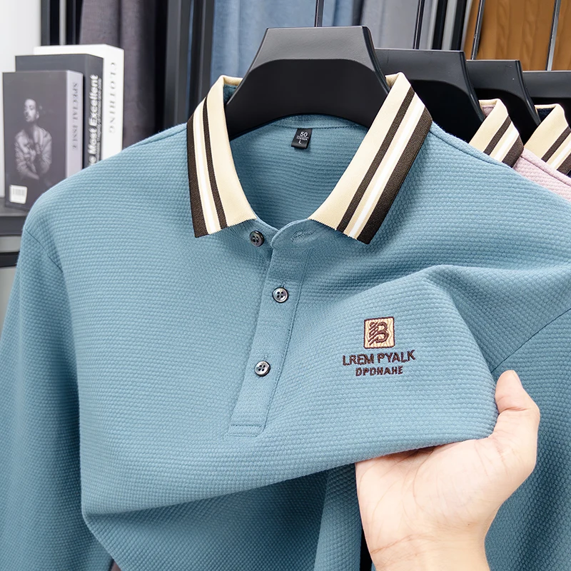 

100Cotton Luxury Quality Men's Polo Shirt Simple Striped Collar Letter Embroid Long Sleeve Business Casual Fashion Menswear Top