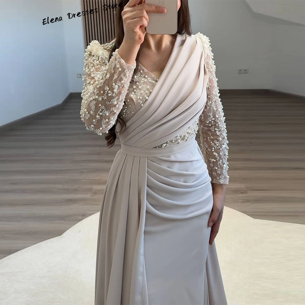 ชุดราตรีแขนยาวประดับมุกนางเงือก ชุดราตรีคอวีหรูหราสั่งตัดได้ งานปักคุณภาพสูง ชุดออกงานสั่งตัดพิเศษ