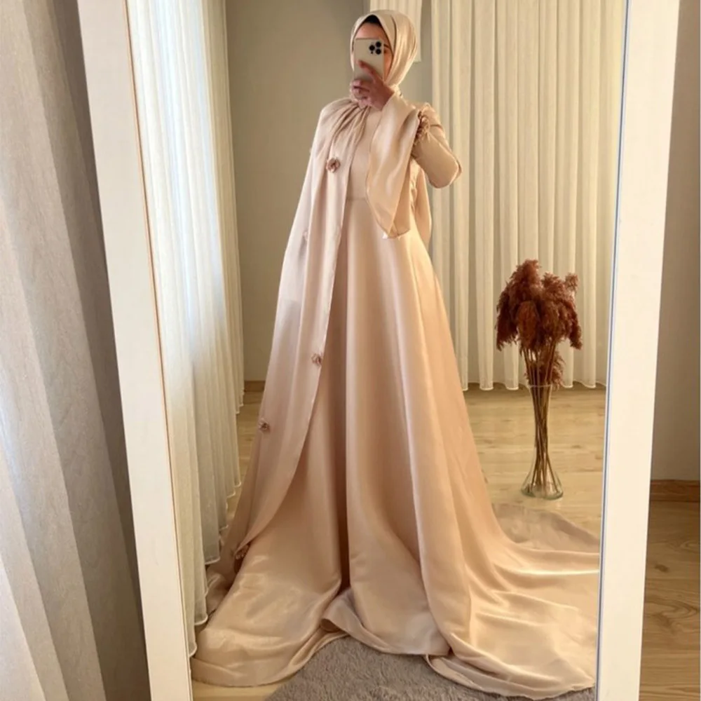 

Customized Modest Muslim High Neck Evening Dress for Woman Wedding Hijab Pleated Party Dress 3D Flowers Elegant Prom Gowns 2026