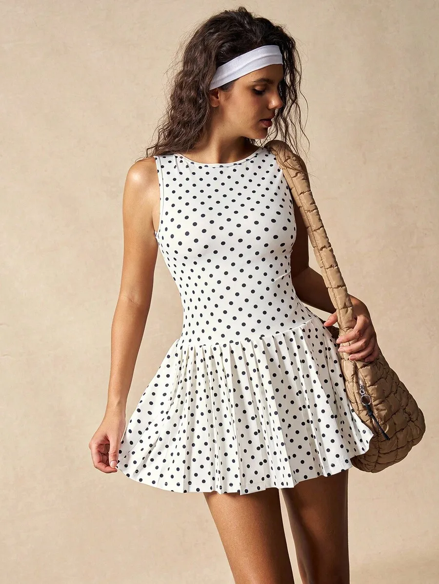 

Womens Polka Dot Pleated Hem Sporty Dress Summer Casual