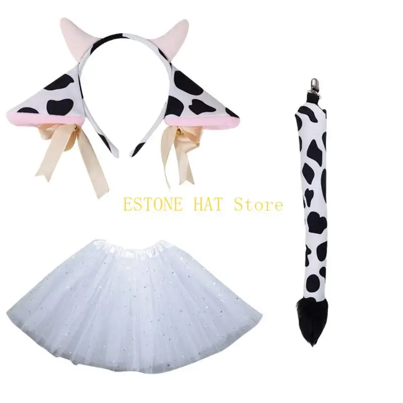 49MF Lovely Cow Hair Hoop Set Lovely Cow Costume Set Cow Headband Plush Tail Bowtie Mesh Skirt for Halloween Party