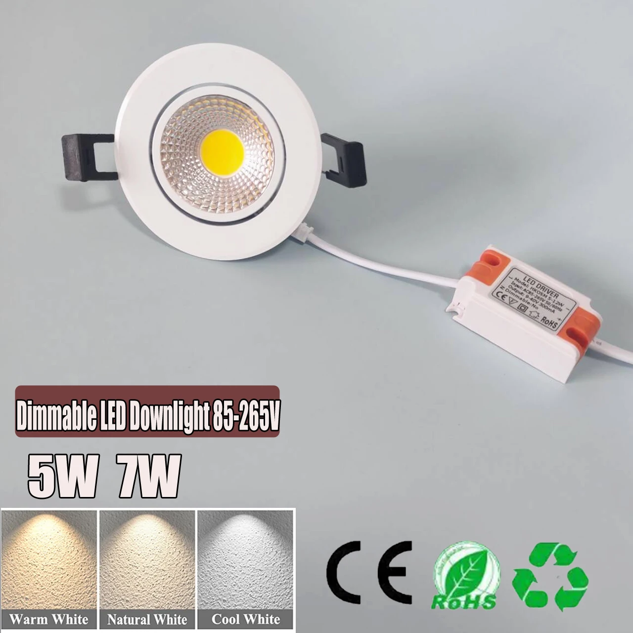 High CRI 90+ 5W 7W Recessed LED Downlight, 85-265V Input Round Ceiling Light, Dimmable Cool Daylight Warm White, Easy Instal