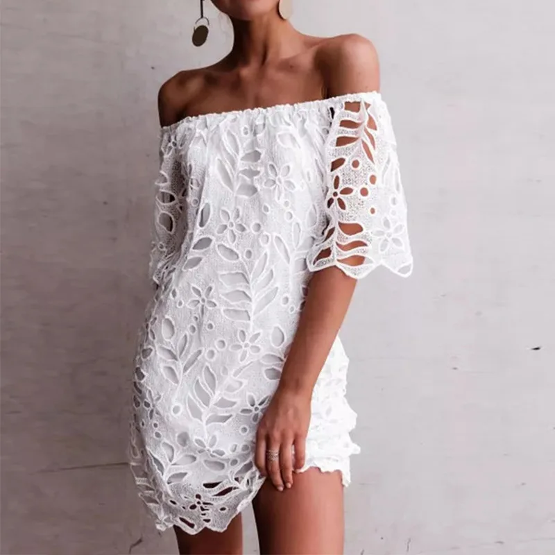 Spring Summer Commute Elegant Lace Dress For Women Sexy Mid-sleeved Off-shoulder Short Dresses Fashion Solid Color Party Dress