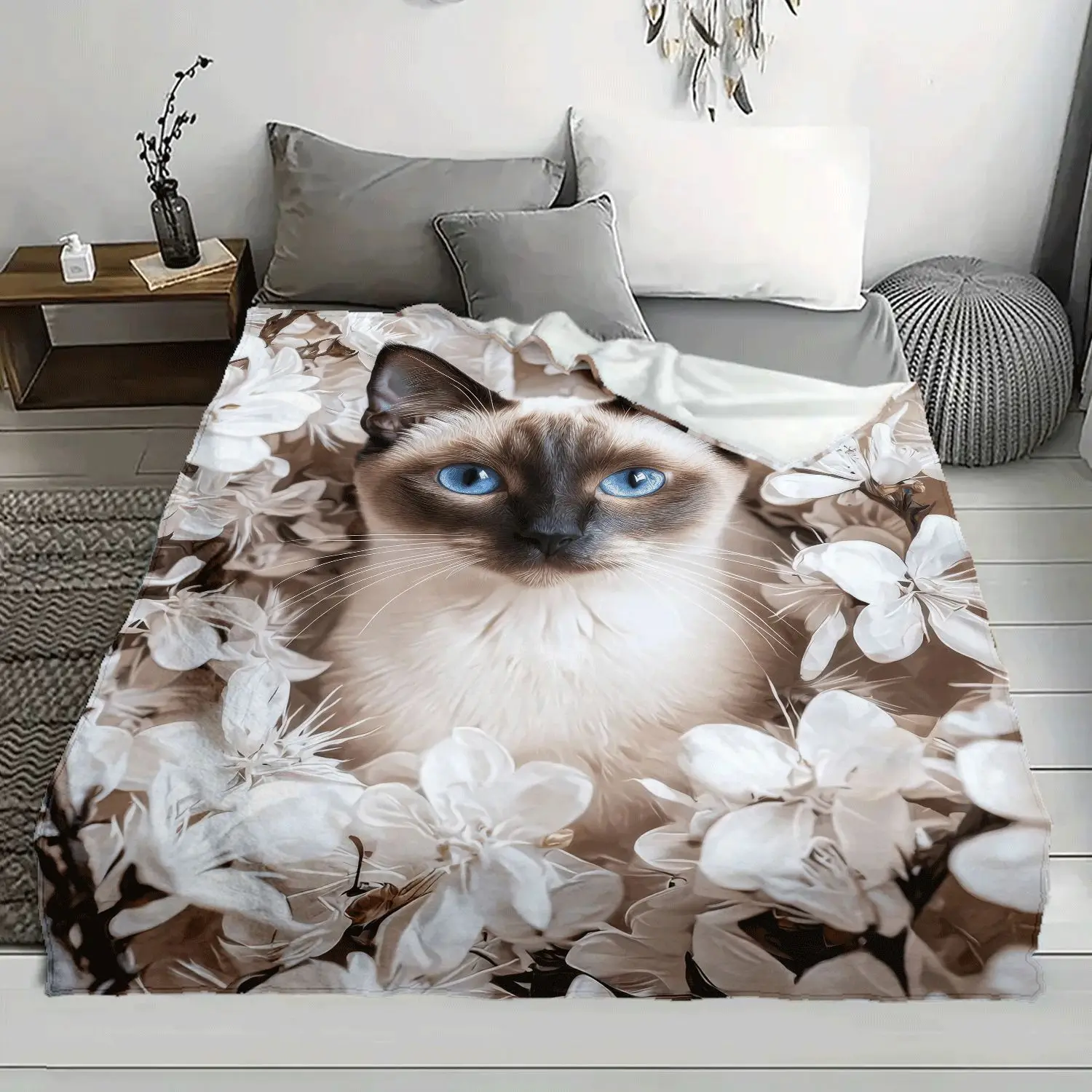Contemporary Siamese Cat Print Flannel Fleece Blanket, Digital Print, Tear Resistant, Animal Theme, Knitted Polyester