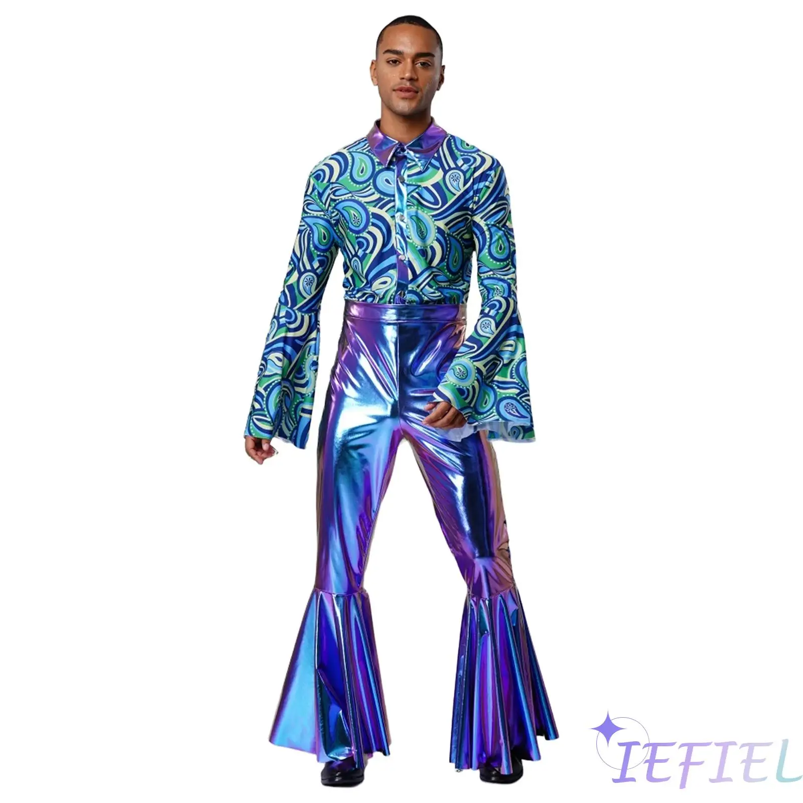 

Men Flashy Disco Jumpsuit Flared Sleeves Turn-Down Collar Stylish Bodice Metallic Bell-Bottom Bodysuit for Halloween Theme Party