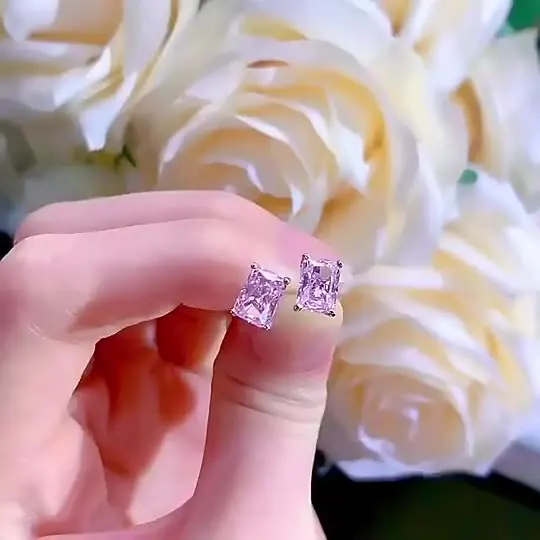 New S925 Tremella Stud Earrings Pink Diamonds White Diamonds 1 Carat Rectangle Diamond Earrings 5A Zircon