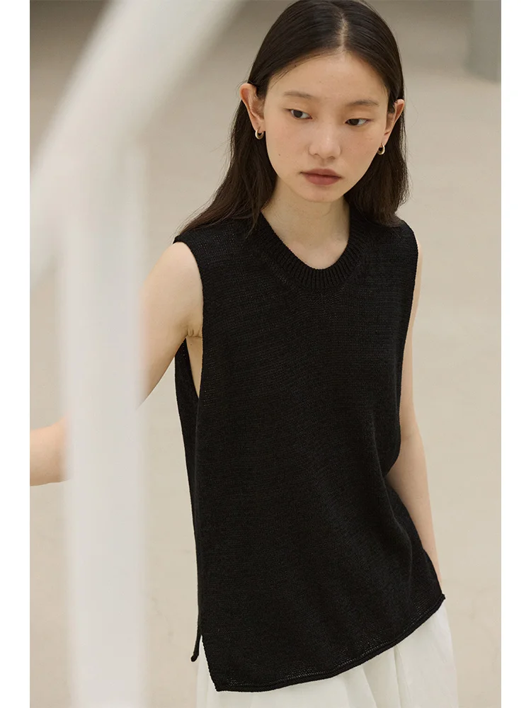 

Toughsen Black Linen Cotton Blend Knitted Vest Coarse Needle Loose Casual Cool Side Slit Women's Summer Outerwear