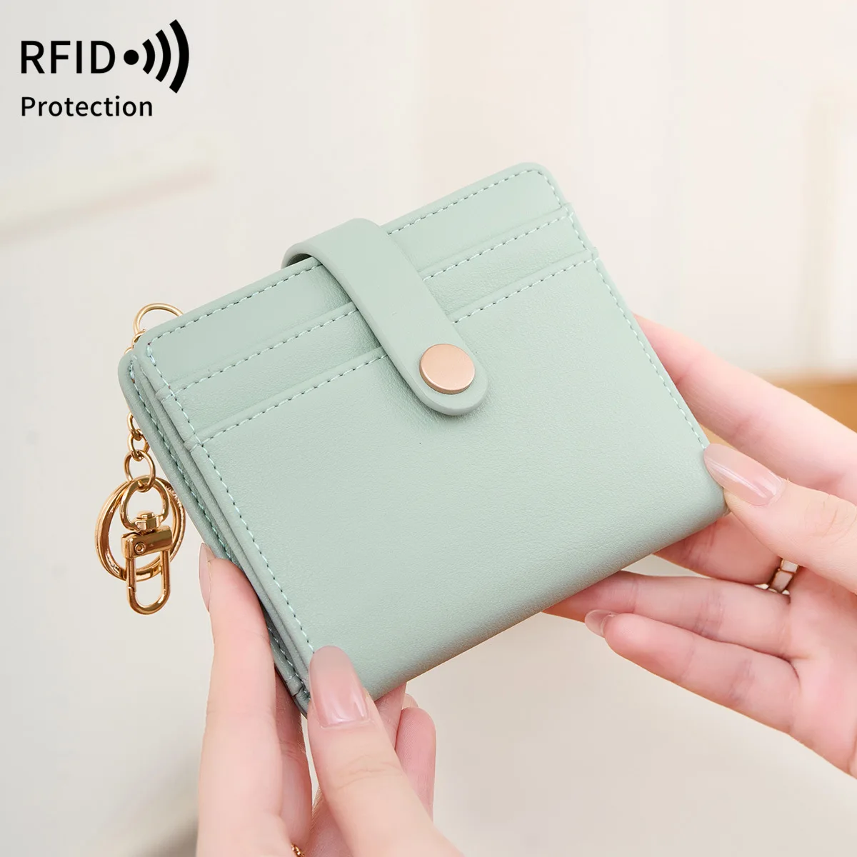 RFID anti-theft swiping women's wallet, double-folding ultra-thin card case, simple and portable keychain student wallet