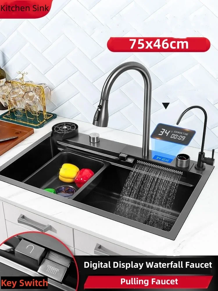 

75x45cm 304 Stainless Steel Kitchen Sink Topmount Large Single Slot 3mm Thickness Intelligent Display Wash Basin Pulling Faucet