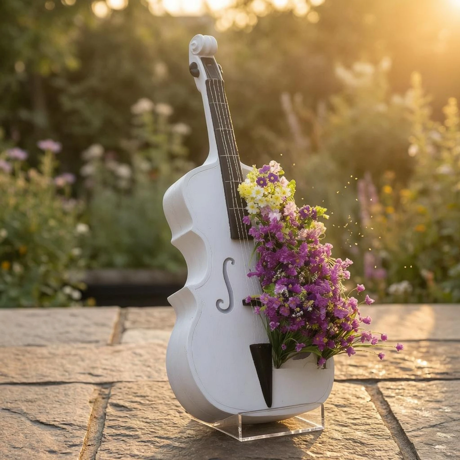 Cello Planter Hollow Opening Resin Cello Ornament Musical Instrument Planter Metal Base Home Decor Butterfly Decorations