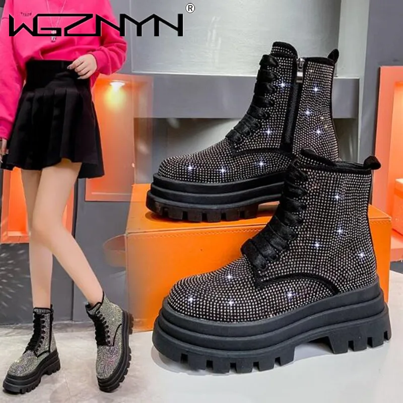 Buty damskie z okrągłym noskiem buty kryształowe Lolita botki-moda damska Rhinestone Rock 2023 kostki gumowe buty zimowe jesienne Med