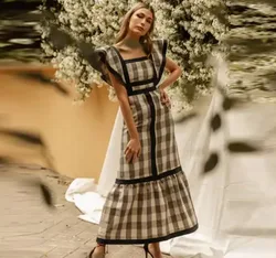 Maxi Dress Women's Retro Square Neck Patchwork 2024 High Waist Flying Sleeve Dress Women's Elegant Summer Chic Beach Long Dress