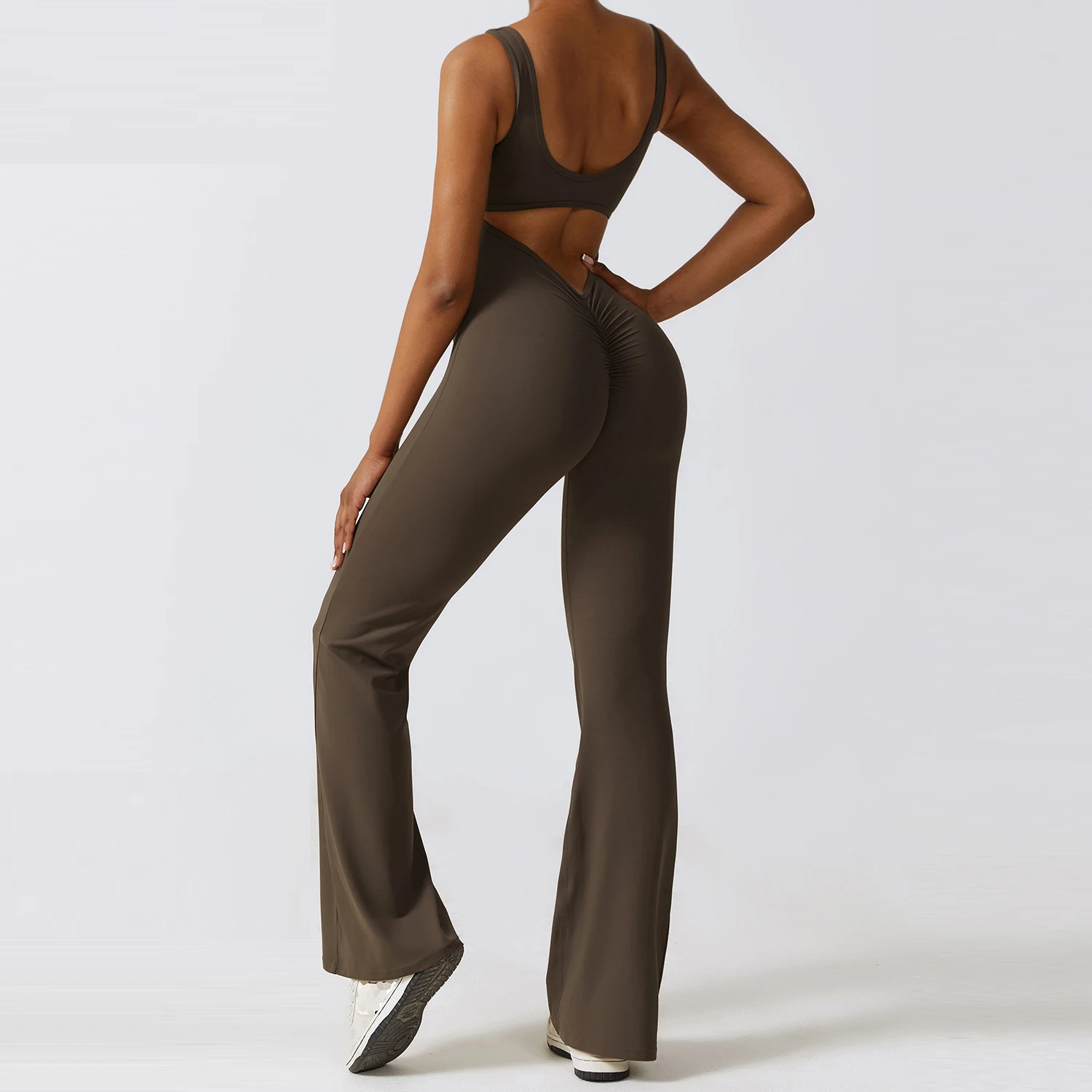 

Women Sport One-Piece Suit Yoga Jumpsuit V Back Scrunch Gym Flared Pants Women Sports Jumpsuit Fitness Rompers Workout Bodysuits