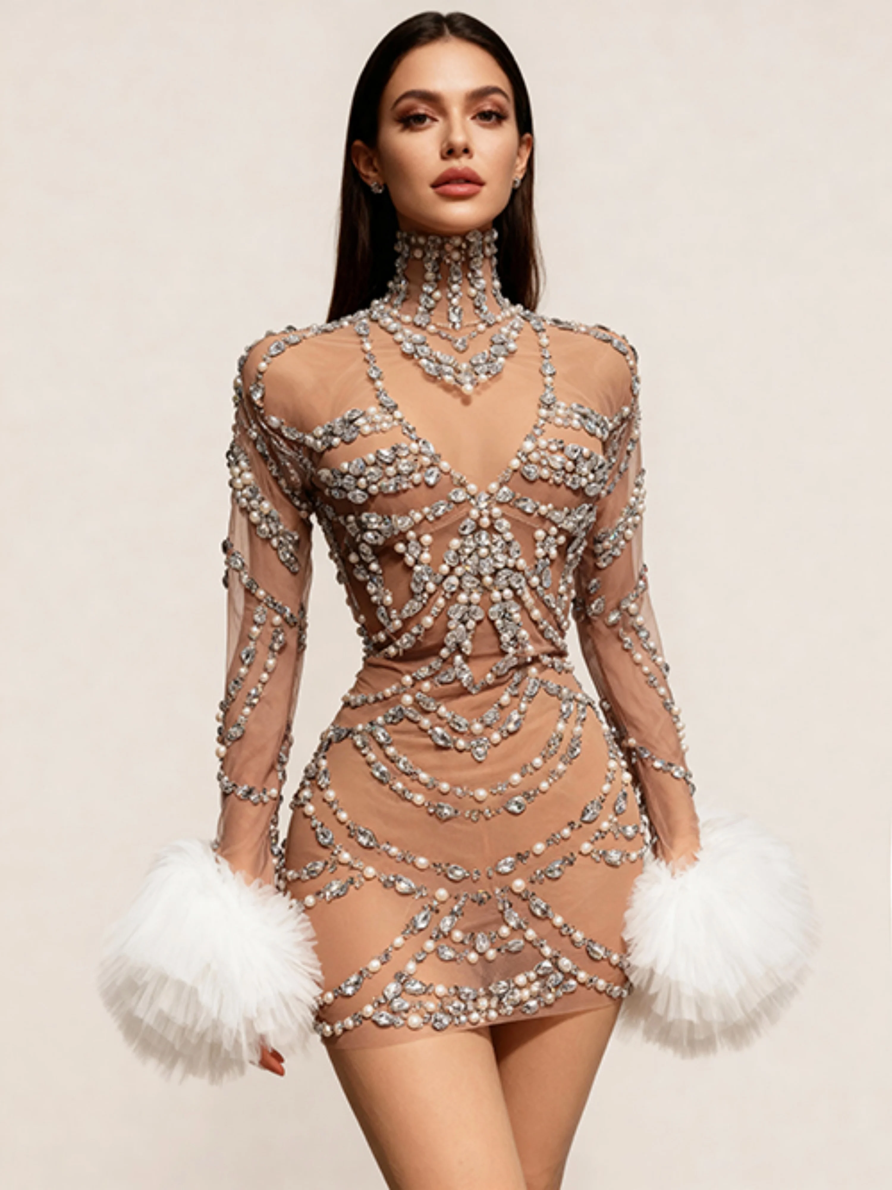 

Opulent Pearls Rhinestone Birthday Banquet Party Mini Dress Ladies Night Club Outfits Women Wedding Reception Prom Dress