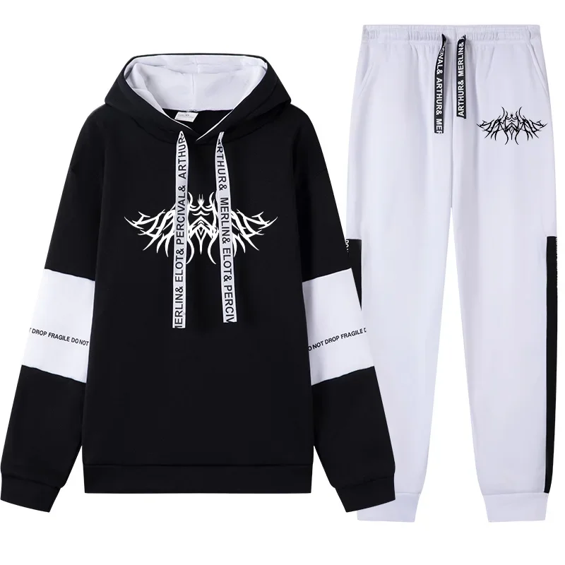 

Mens Tracksuit Casual Classic Black White Hooded Sweatshirt Sweatpants Jogging High Quality Fashion Print Versatile Tops Pants