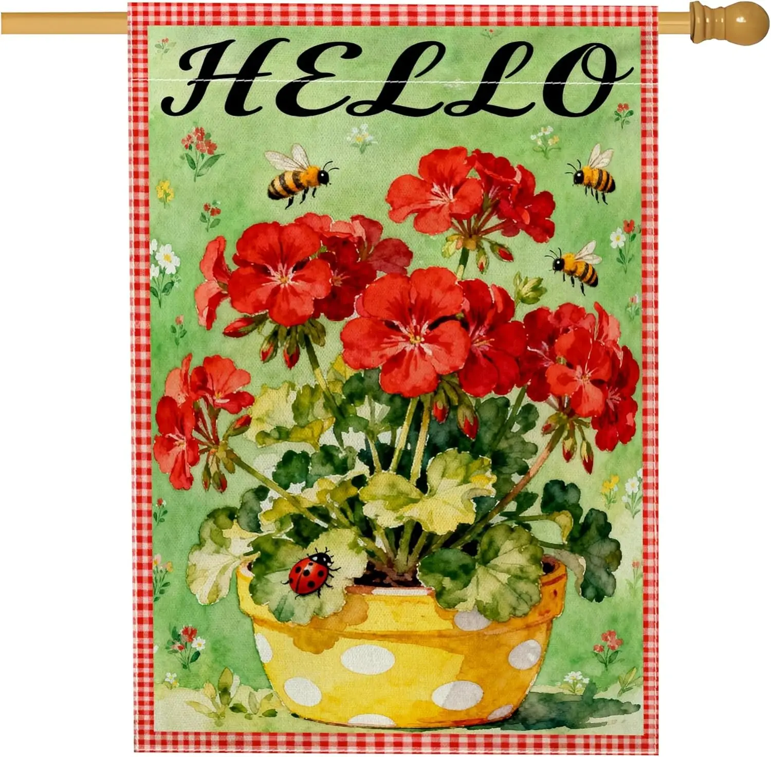 Geraniums House Flag, Spring Botanical Bees Ladybug Spring Red Burlap Double Sided Outside Large Garden Flag for Outdoor Pat AAS
