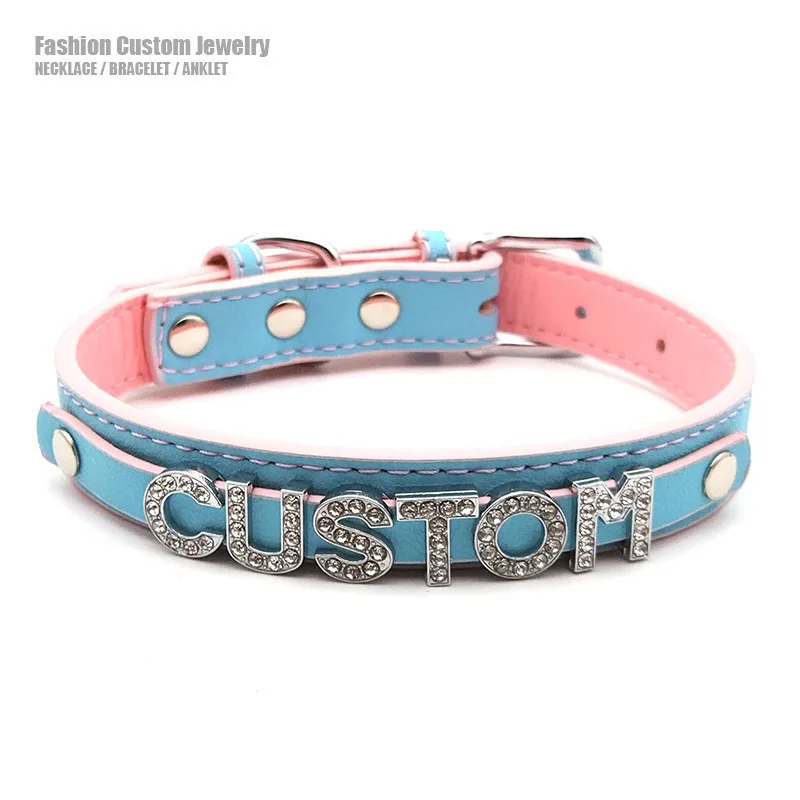 Blue Pink Mixed Color Leather Customized Letters Collar Choker Necklace Sexy Role Age Play DDLG Cosplay Chocker Jewelry