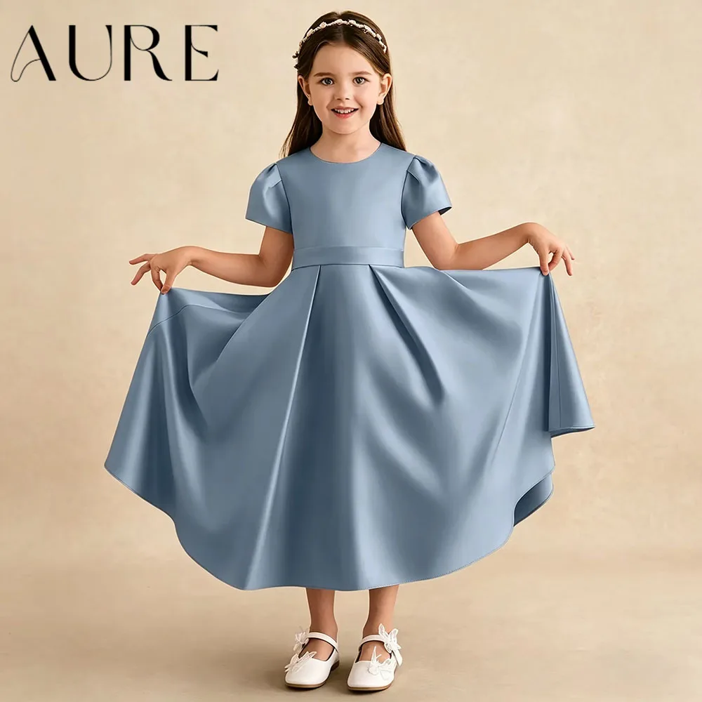 Aure Customized Dusty Blue Satin Flower Girl Dress Puff Sleeves Ankle Length Kids Wedding Formal Birthday Gown Bow A-line Pleats