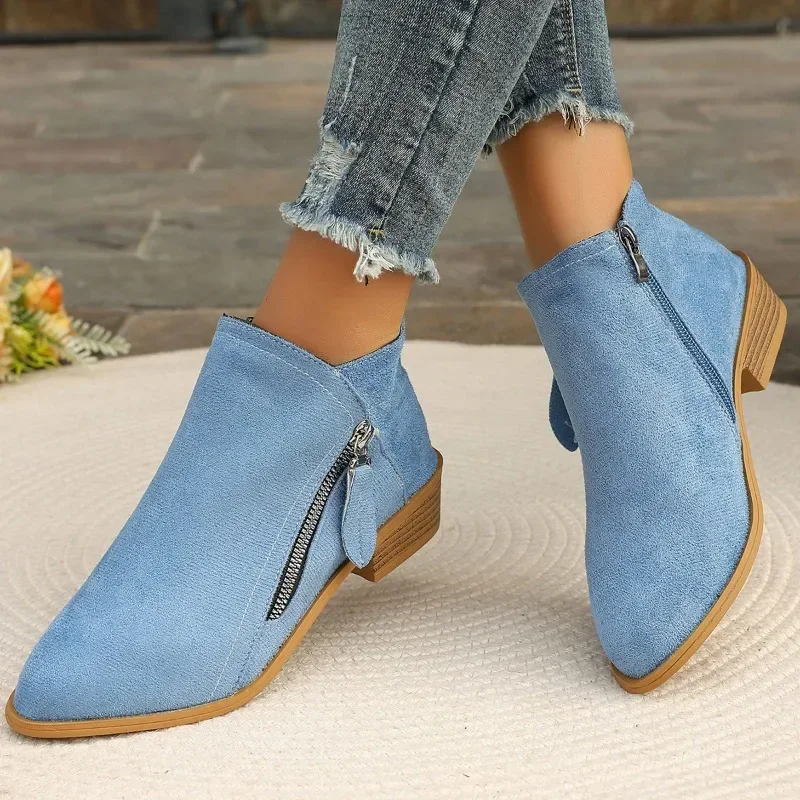 2024 Autumn New Pointed Zip Boots Fashion Women's Ankle Boots Comfort Soft Low Heel Lady Shoes Hot Sale Suede Daily Shoes Botas