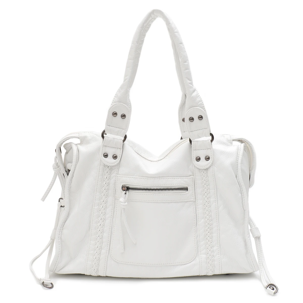 Vintage Gewassen Pu Leer Grote Capaciteit Draagtas Met Rits Gevlochten Decor Schouder Crossbody Tas Unisex Vrouwen Dagelijkse Reishandtas