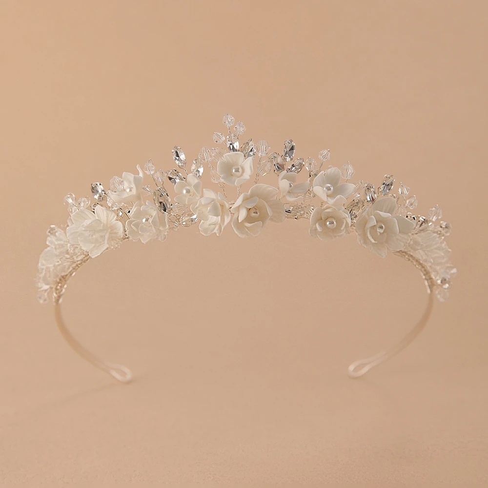 

Мягкий керамический цветок, свадебная тиара, корона для волос, ручная работа, стразы, свадебный женский ободок для волос, аксессуары