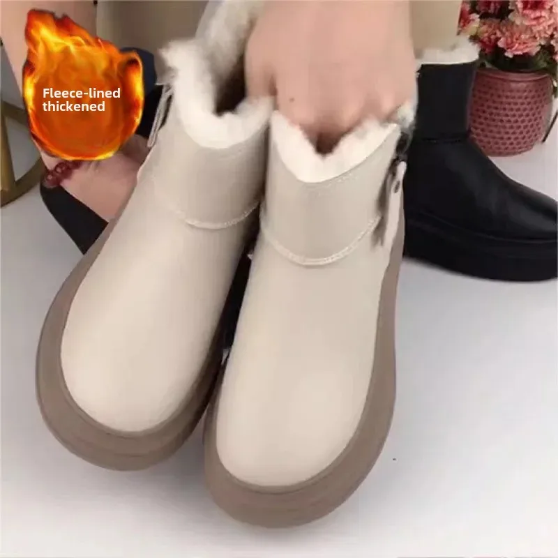 

2026 New Winter Women's Fleece-Lined Thickened Warm Cotton Boots Soft Leather Anti-Slip Short Amounts Warm Footwear Rubber Soles