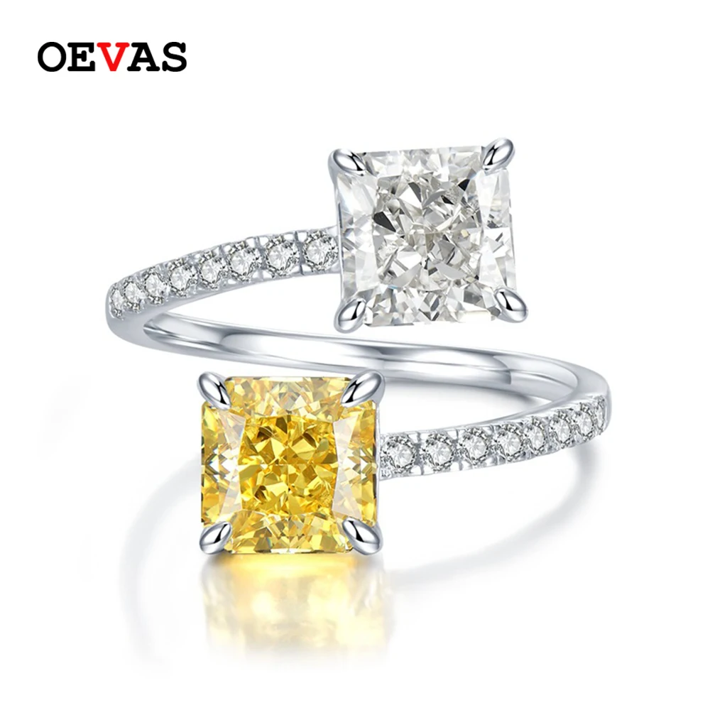 OEVAS 100% 925 Sterling Silver 7*7mm Yellow High Carbon Diamond Resizable Rings For Women Sparkling Wedding Fine Jewelry Gifts