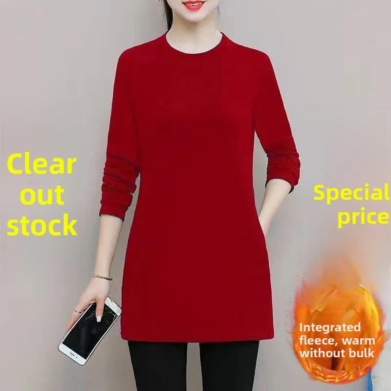 Thickened Fleece Women's Mid-Length Dress Base Shirt Warm Winter Fashion Mommy Clothes T-Shirt Dress round Neck Long Sleeve