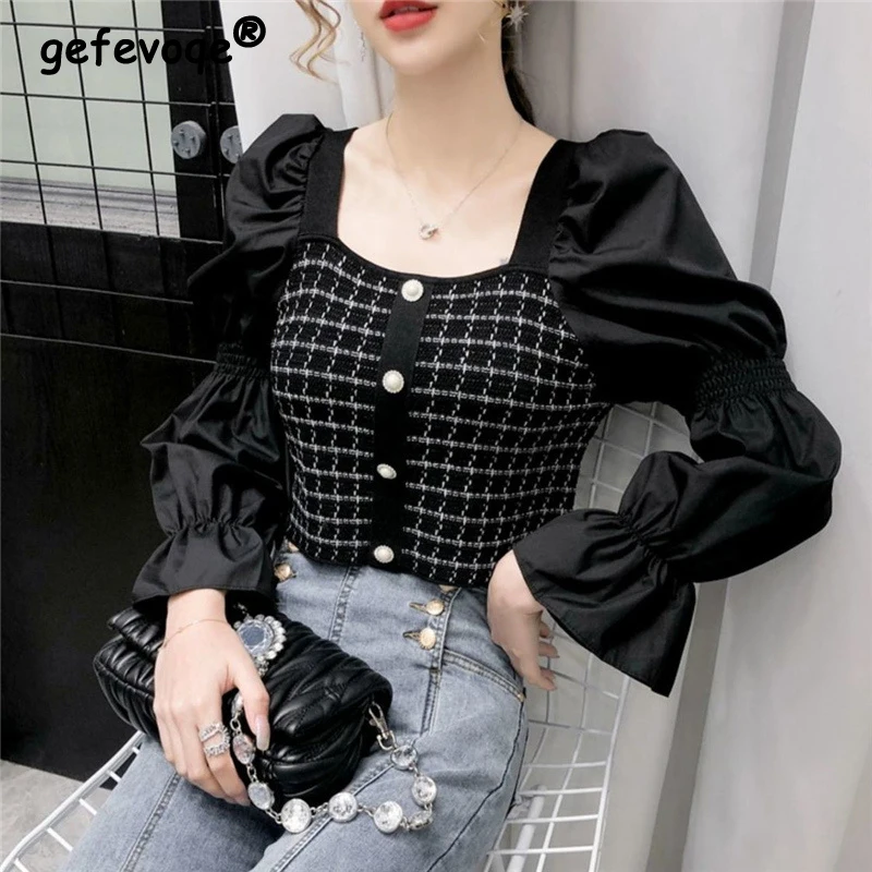 

Vintage Square Neck Chic Sweet Ruffle Plaid Patchwork Long Sleeve Knitwear Women Spring Autumn Pullovers Blouse Top Clothing2023