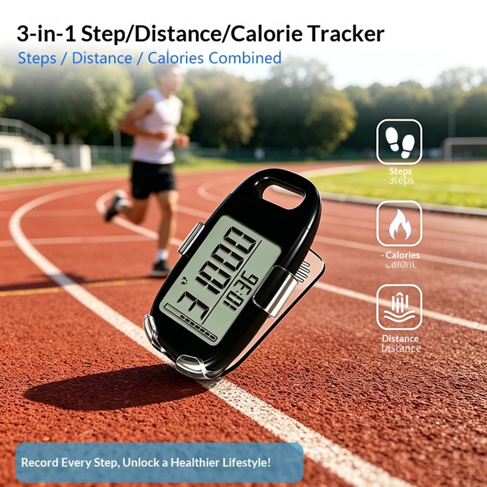 3In1 Accurate Step Tracker with Lanyard Waist Clip Exercise Counter Large Screen Pedometer Odometer for Walking Steps Counter