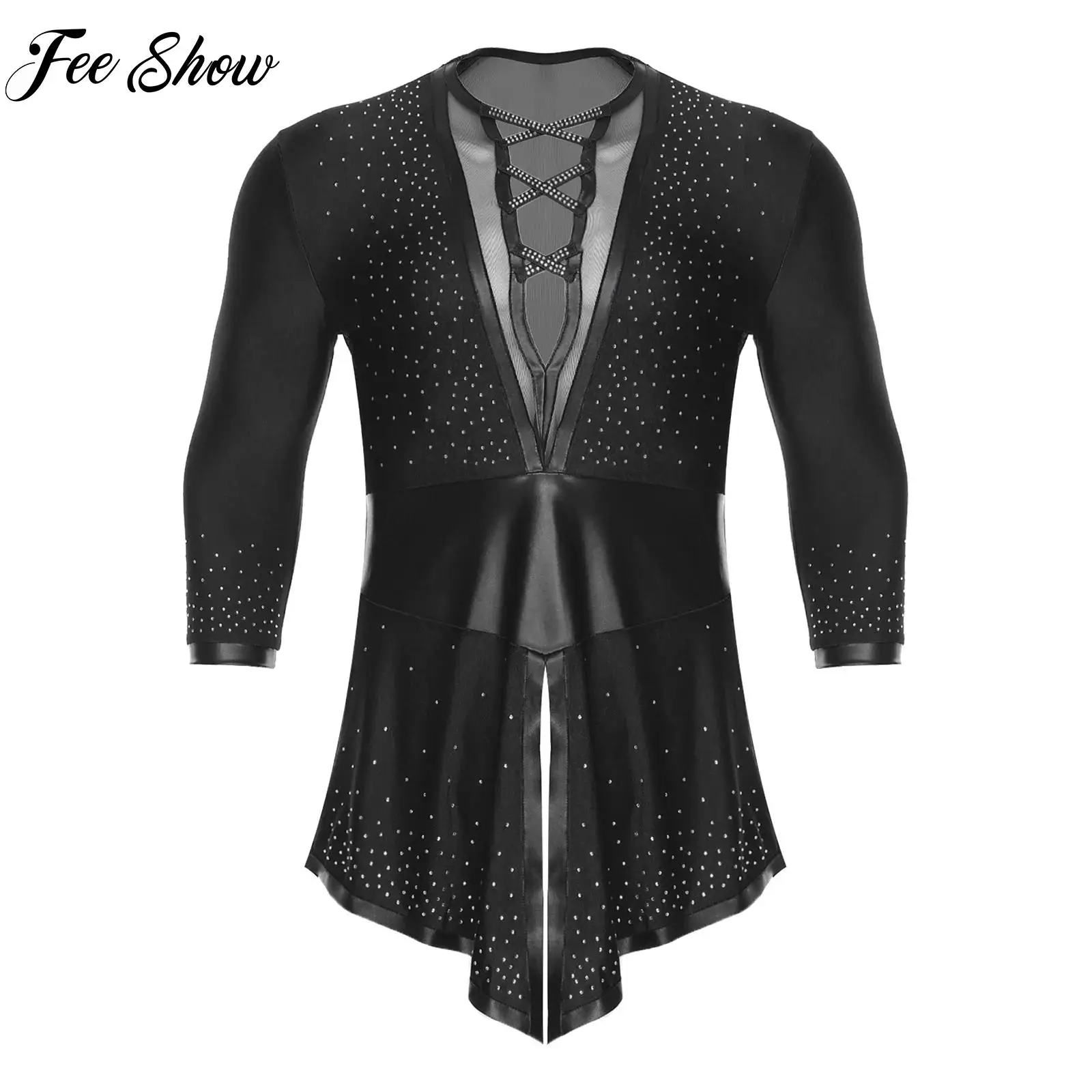 

Mens Long Sleeve Latin Tango Dance Costume Top Rhinestones Mesh Swallowtail Shirt Tops for Ballet Flamenco Performance Dancewear