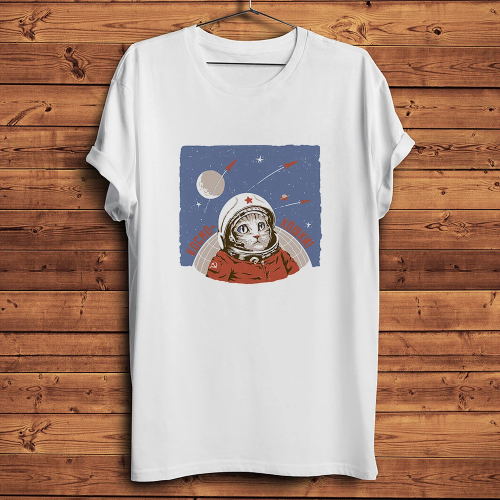 CCCP Soviet Space Cat,Dog Astronaut in Universe Funny USSR Vintage T-shirt,Men White Casual Short TShirt Unisex,breathable Tee