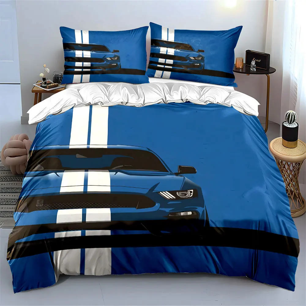 Blue sports car front design Pattern Duvet Cover Set Digital Print Colorful Polyester Bedding with Zipper Closur for kids gifts