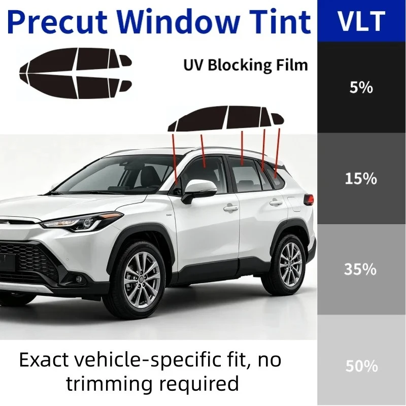 トヨタ・カローラクロス（2022年～2026年式）用、suv対応、カット済みの窓用フィルム。4ドア＋サイドウィンドウ用。紫外線・赤外線・熱を遮断し、プライバシー保護に優れた2層構造のpet素材。