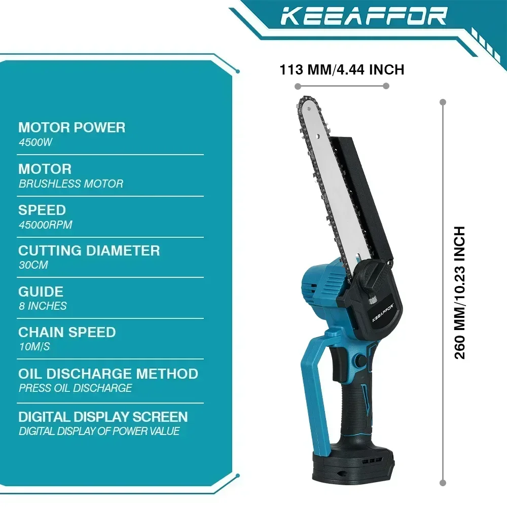 KEEAFFOR 8 Inch Brushless Electric Chainsaw Automatic Oiler Saw Garden Pruning Handheld Woodworking Tools for Makita 18V Battery