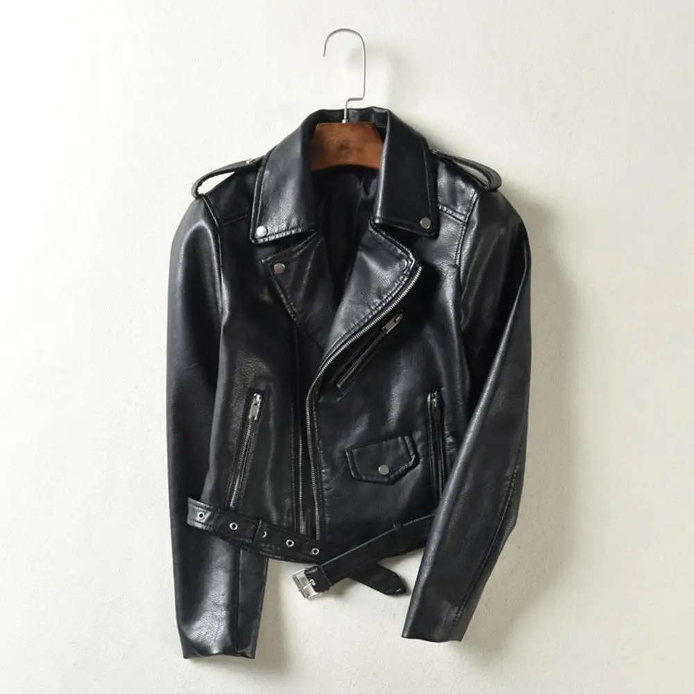 Women Jacket Faux Leather Smooth Surface Turn-down Collar Zip-up Zipper And Rivet Decor Long Sleeves Motorcycle Coat Travel Oute