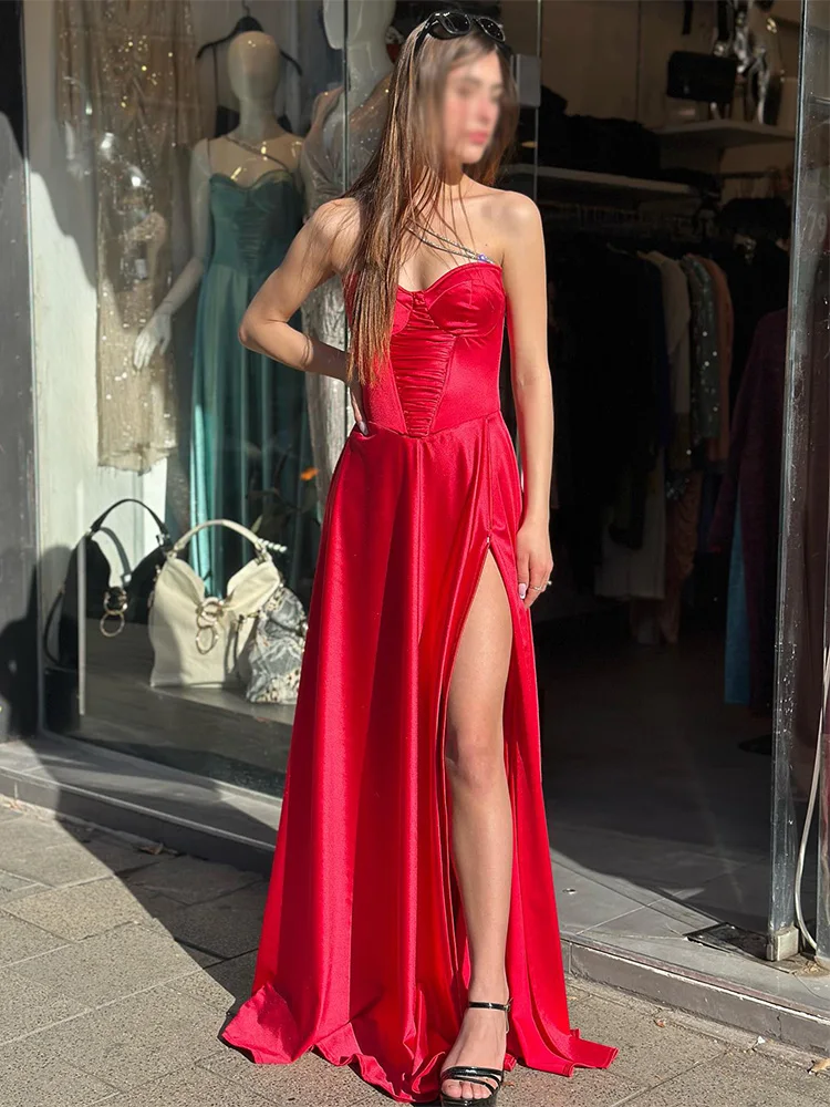 Sexy Red Prom Dresses for Women 2024 Beading One Shoulder Sweetheart Prom Gowns Long Side Split A Line Satin Graduation Dress