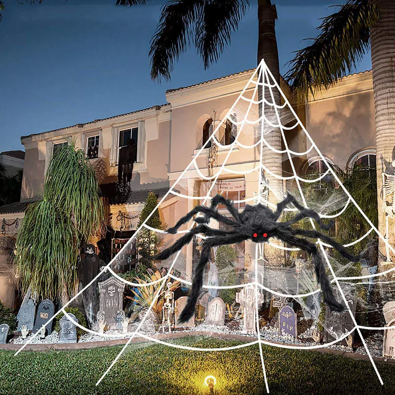 

5m/7m Halloween Spider Web Giant Simulated Plush Soft Spider Triangle Net Kids Birthday Halloween Party Decoration Horror Props