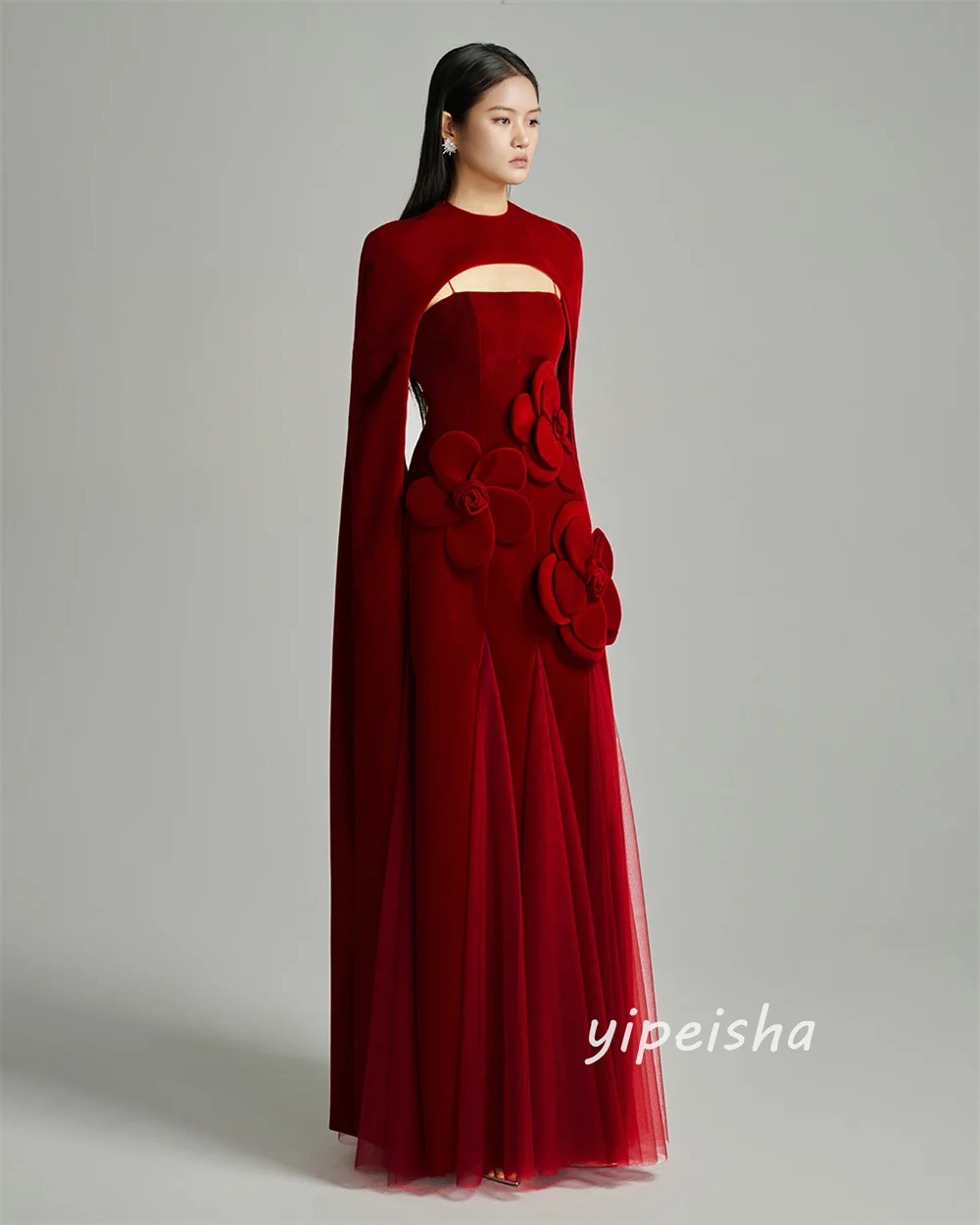 Customized Exquisite Classic Velour Pleat Handmade Flower Pleat A-line High Collar Long Dresses Evening Dresses Casual Fashion image 3