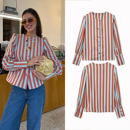 Imagen 1 del producto 2025 otoño nueva blusa elegante para mujer camisa holgada con estampado a rayas cuello redondo manga abombada Top informal sencillo con una hilera de botones