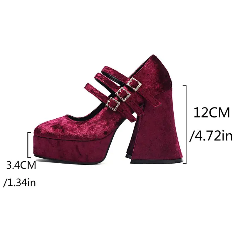 ORCHA LISA Fashion Women's Suede Flock Pumps Round Toe 12cm Block Heel Platform Three Buckles Plus Size 42 43 Party Dating Style