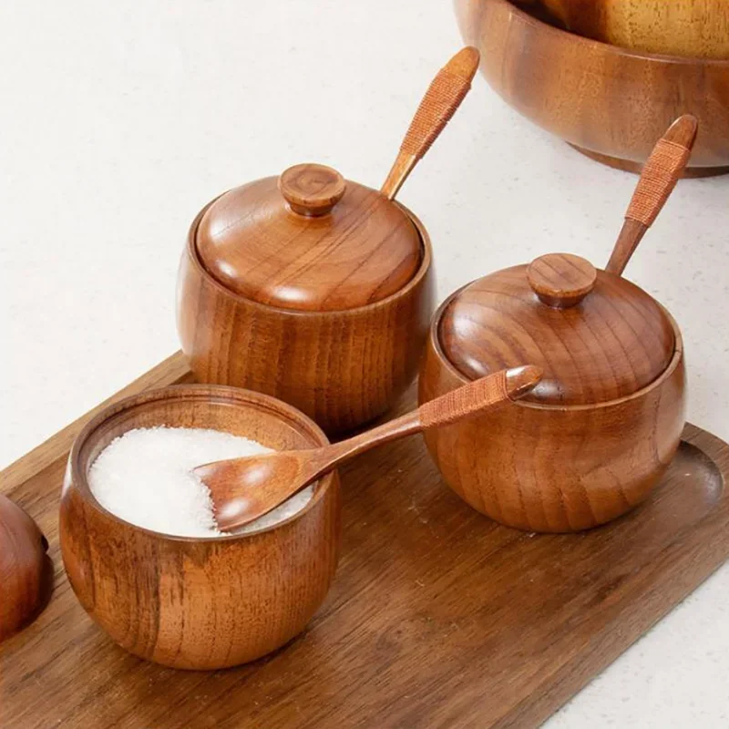 Wooden Salt Cellar Sugar Bowl Pepper Box Salt Seasoning Container Storage Box with Lid and Spoon Wooden Spice Box Spice Jars